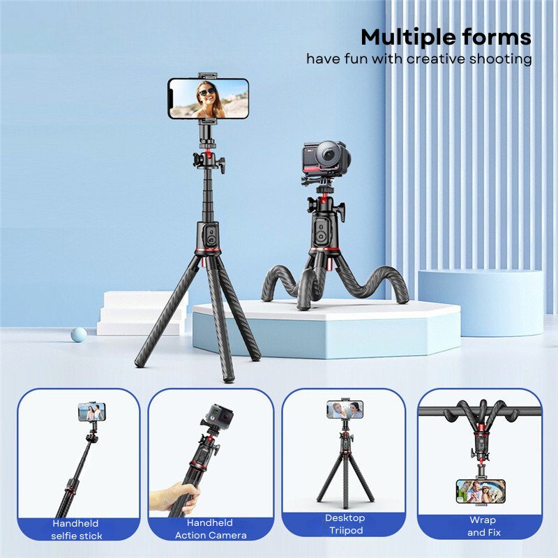 Magic - Pro Flexible Octopus Telescopic Pole Tripod with Cell Phone Clip Selfie Stick - ROODTUO