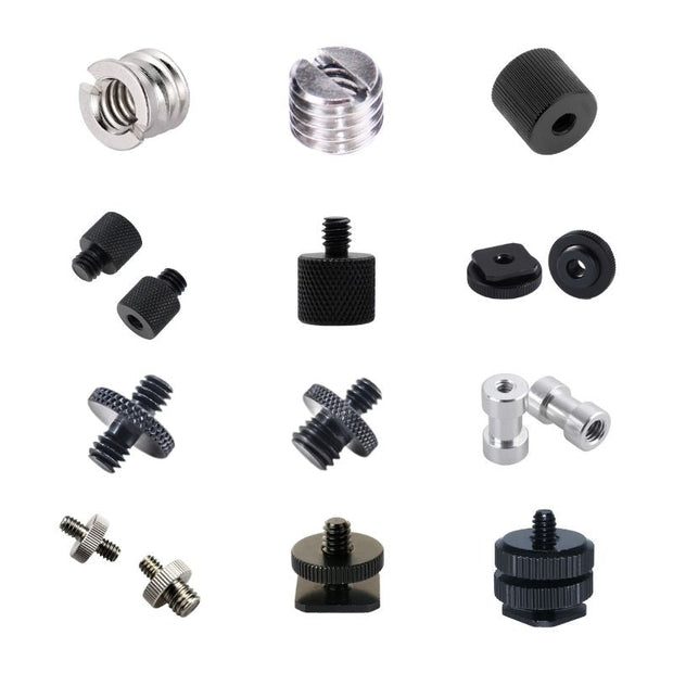 Multiple Photography Thread Adapters – 1/4" to 3/8", Male to Male, Male to Female, Female to Female, Cold Shoe & More - ROODTUO